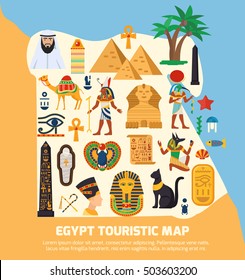 Egypt touristic map with national landmarks and sights symbols flat vector illustration 