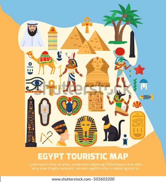 エジプトの観光地図と国の目印と照準記号の平らなベクターイラスト のベクター画像素材 ロイヤリティフリー