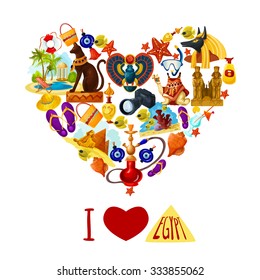 Egypt touristic poster with cartoon landmarks in heart shape vector illustration