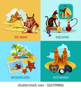 Egypt touristic set with cartoon desert and beach adventures icons isolated vector illustration