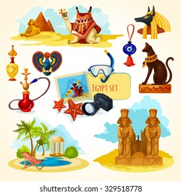 Egypt touristic set with cartoon travel attractions isolated vector illustration