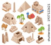 Egypt tourists attractions ancient culture monuments isometric set with pyramids camels sphinx gods statures palms vector illustration