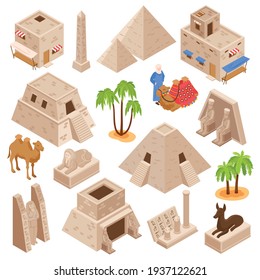 Egypt tourists attractions ancient culture monuments isometric set with pyramids camels sphinx gods statures palms vector illustration