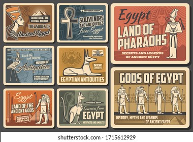 Egypt travel agency vector vintage retro posters. Cairo and Giza sightseeing tours. Ancient Egypt pyramid treasure museum, antiquity souvenirs shop, history and myths of Egyptian gods