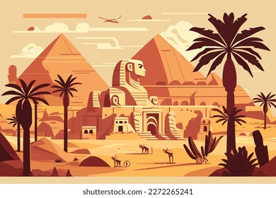 Egypt travel background illustration with sphinx and pyramids.