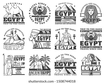 Viajes en Egipto y monumentos emblemáticos en El Cairo. Pirámides de faraón, esfínx y momia, Anubis y signos de ojo, camello y cruz de copto. Aventura de viaje al desierto a Egipto atesora la antigüedad