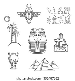 Egypt travel and culture icons with Giza pyramids, pharaoh golden mask, ancient hieroglyphics, scarab amulet, anubis god, amphora and beach landscape of palm trees with sun. Sketch style