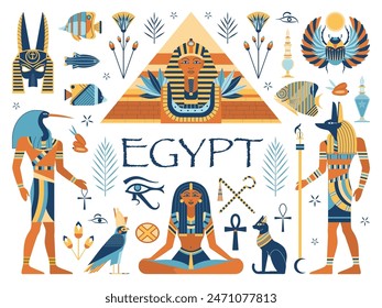 Egypt travel design elements collection with famous symbols. Such as pyramid, sphinx, Egyptian gods, scarab, Pharaoh, Eye of Horus, woman priestess, Red sea fishes and spiritual signs.