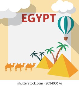 Egypt Travel flat design illustration with template and palm tree, pyramids and a balloon