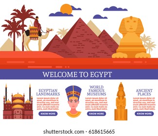 Egypt travel flat vector illustration with invitation to visit egyptian landmarks famous museums and ancient places