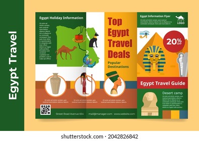 Egypt travel holiday information brochure vector flat illustration. Touristic vacation trifold layout for traveling service with sale discount. Branding blank with sphinx, pharaoh, pyramid and camel