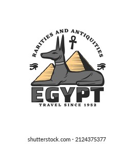 Egypt travel icon with Anubis god and pyramids. Egyptian history, culture and religion museum vector label, icon or emblem with dog statue and Giza plateau pyramids, ankh key, eye of horus symbols