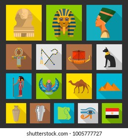 Egypt travel icon collection. Explore Egypt poster, holidays to discover Cleopatra, pharaohs, pyramids, tombs, mummies and treasures. Vector flat style cartoon illustration