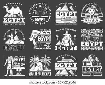 Egypt travel icons with ancient Egyptian pharaoh pyramids, Sphinx and gods. Vector Anubis and Horus with ankh symbol, cat, dog and scarab, Nefertiti and Tutankhamun with hieroglyphs monochrome emblems