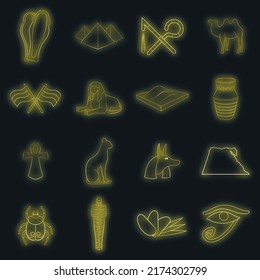 Egypt travel icons set. Illustration of 16 Egypt travel vector icons neon color on black