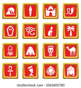 Egypt travel icons set vector red square isolated on white background 
