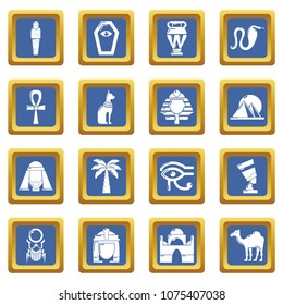 Egypt travel icons set vector blue square isolated on white background 