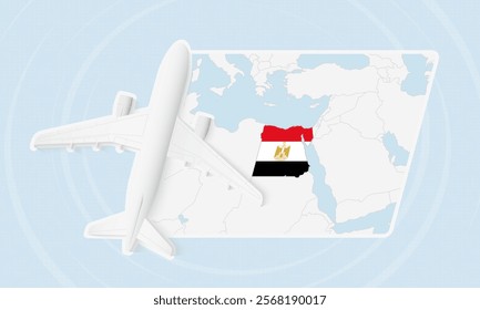 Egypt Travel Illustration with Plane and National Flag. Ideal for travel agencies, promotional materials, or geographic content related to Egypt.