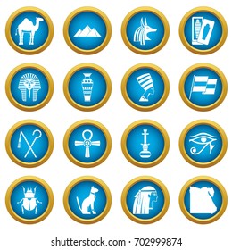 Egypt travel items icons blue circle set isolated on white for digital marketing