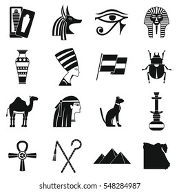 Iconos de artículos de viaje de Egipto establecidos. Simple ilustración de 16 íconos vectoriales de viajes en Egipto para la web