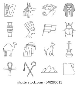 Egypt travel items icons set. Outline illustration of 16 Egypt travel items vector icons for web