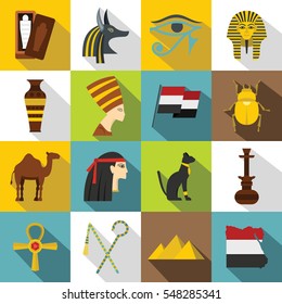 Egypt travel items icons set. Flat illustration of 16 Egypt travel items vector icons for web