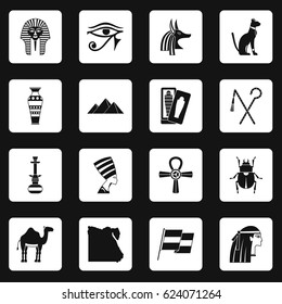 Egypt travel items icons set in white squares on black background simple style vector illustration