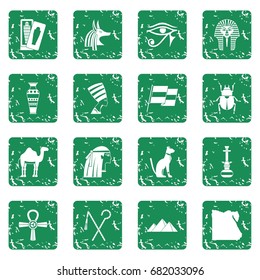 Egypt travel items icons set in grunge style green isolated vector illustration