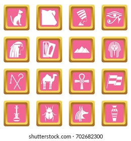 Egypt travel items icons set in pink color isolated vector illustration for web and any design
