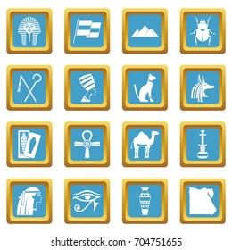 Egypt travel items icons set in azur color isolated vector illustration for web and any design
