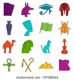 Egypt travel items icons set. Doodle illustration of vector icons isolated on white background for any web design