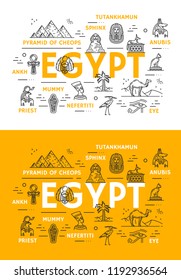 Egypt travel landmarks and ancient culture thin line icons. Vector poster of Egyptian Cheops pharaoh pyramids, sphinx or Tutankhamen and Nefertiti princess, Anubis and ankh or eye sign