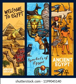 Egypt travel landmarks and ancient religion culture. Vector sketch Egyptian Cheops pharaoh pyramid, camel, sphinx or Tutankhamen mummy and Nefertiti princess, Anubis or Amon Ra deity