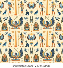 Egypt travel pattern with Egyptian gods, mythological elements, magic animals and spiritual symbols such as scarab beetle and sphinx.