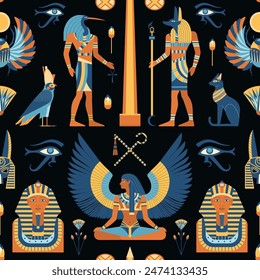 Egypt travel pattern with Egyptian gods, mythological elements, magic animals and spiritual symbols such as scarab beetle and sphinx.