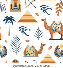 Egypt travel pattern with famous Egyptian attractions, tourist landmarks, arabic animals and spiritual symbols. Middle East seamless background with camel, scarab beetle and pyramids.
