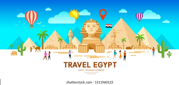 Egypt travel people vector. Pyramid traditional design. summer holiday on sky and clouds with point markers design background, illustration