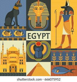 Egypt travel poster concept. Vector illustration with Egyptian culture and nature images, including pyramid, Anubis, Bastet, Tutankhamen, scarab and mosque. Isolated on background.