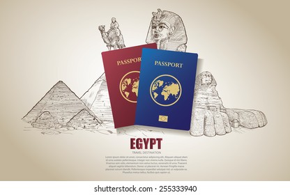 Afiche de viajes de Egipto. La mano atrajo a Egipto. ilustración vectorial.