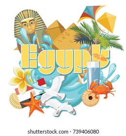 Egypt travel poster. Vector vacation banner. Background with ancient egyptian icons in flat modern style. 