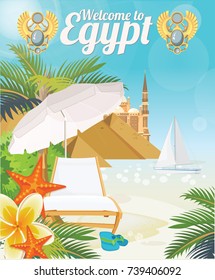 Egypt travel poster. Vector vacation banner. Background with ancient egyptian icons in flat modern style. 