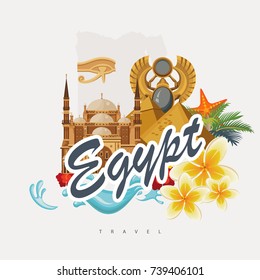 Egypt travel poster. Vector vacation banner. Background with ancient egyptian icons in flat modern style. 