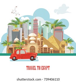 Egypt travel poster. Vector vacation banner. Background with ancient egyptian icons in flat modern style. 