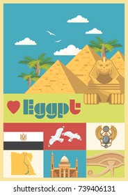 Egypt travel poster. Vector vacation banner. Background with ancient egyptian icons in flat modern style. 