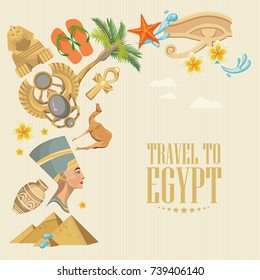 Afiche de viajes de Egipto. Pancarta de vacaciones vectorial. Antecedentes con antiguos íconos egipcios de estilo moderno y plano.