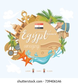 Egypt travel poster. Vector vacation banner. Background with ancient egyptian icons in flat modern style. 