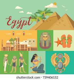 Egypt travel poster. Vector vacation banner. Background with ancient egyptian icons in flat modern style. 