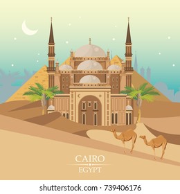 Egypt travel poster. Vector vacation banner. Background with ancient egyptian icons in flat modern style. 