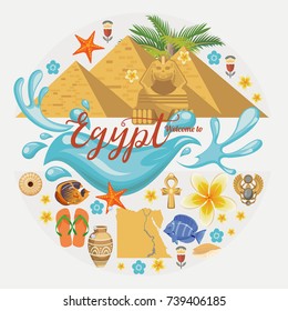 Egypt travel poster. Vector vacation banner. Background with ancient egyptian icons in flat modern style. 