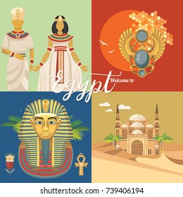 Egypt travel poster. Vector vacation banner. Background with ancient egyptian icons in flat modern style. 